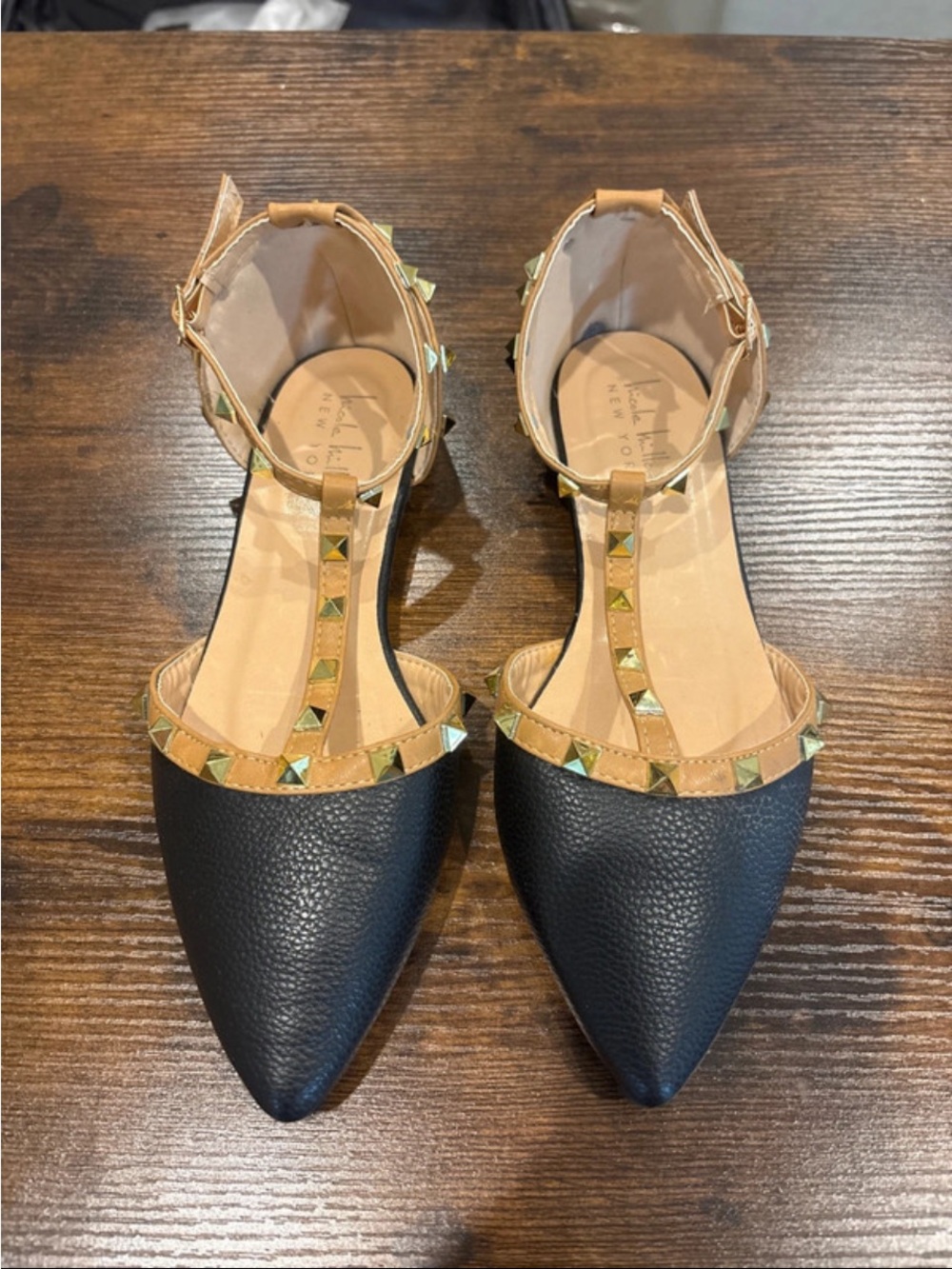 Nicole Miller Black and Tan Pointed T-Strap Flats with Gold Studs